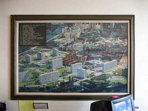 Mies' vision of Newark in a painting at the leasing office at the Colonnade. Still from "Colonnade Park"