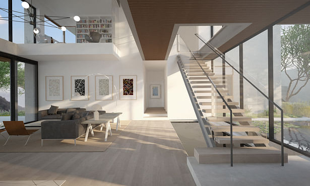 View up the stair to the second floor. Above is the bridge between the two bedroom wings and the private office.