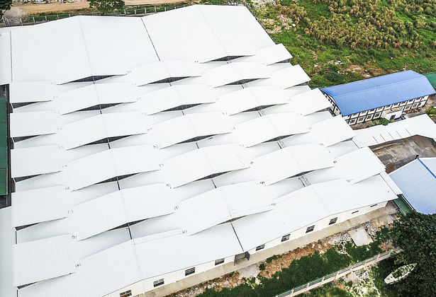 Aerial view of the roof and rhombus- shaped skylights.