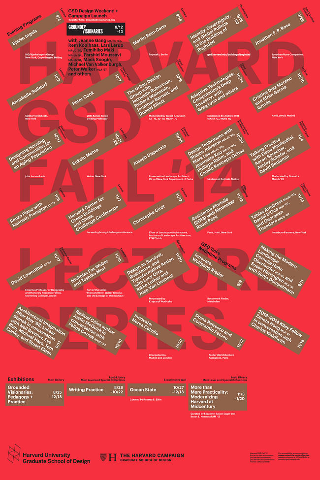 Harvard Graduate School of Design Fall 2014 lecture events. Poster designed by Derek Flynn - Bruce Mau Design. Image via gsd.harvard.edu.