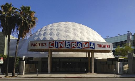 Cinerama Dome on Sunset Boulevard. Image courtesy <a href="https://commons.wikimedia.org/wiki/File:Cinerama_Dome_front.jpg">Wikimedia Commons user UpdateNerd</a>.