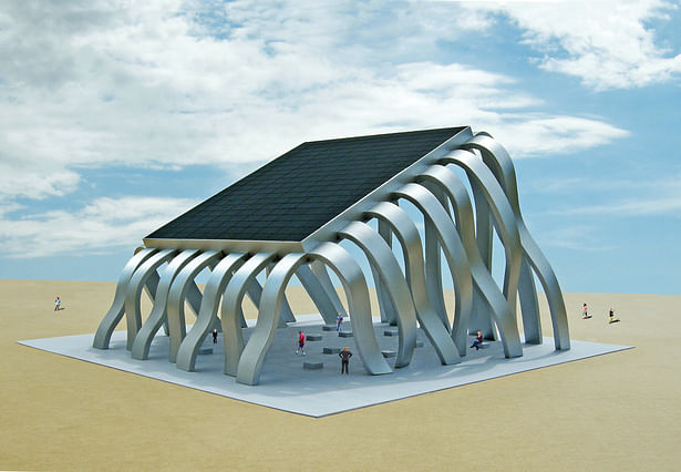 The Solar Eclipse Pavilion that makes electricity from the sun for the local community, and also displays real-time images from the surface of the sun on the underneath side of the structure.