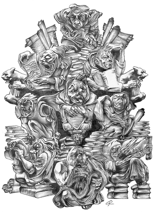 Pencil illustration of 'wise men' seeking knowledge.