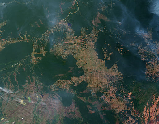 View of deforestation over the Brazilian state of Rondônia, Image courtesy Jesse Allen and Robert Simmon, NASA Earth Observatory.