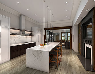 The large kitchen space is connected by sliding steel doors to the living room, allowing easy access while entertaining guests. 