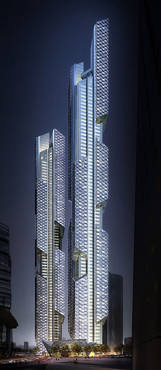 Tower 1 and Tower 2 at night (Image: Adrian Smith + Gordon Gill Architecture)