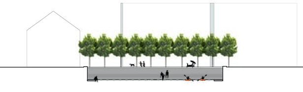 Section elevation, waterfront use at walkway/ampitheatre.