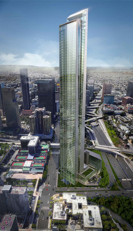 View of the proposed supertall Downtown LA tower at 333 South Figueroa Street. Image: DiMarzio | Kato Architecture