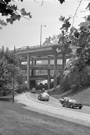 The Four Level in 1966: 49 years on, the interchange remains essential in connecting the sprawling city. Photograph: UCLA. Image via theguardian.com.
