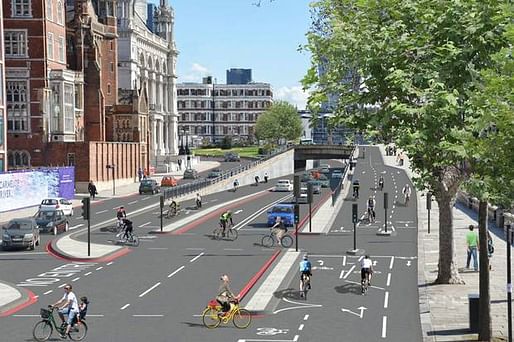 Rendering of what was just announced to become "Europe’s longest segregated urban cycle lane through central London." (Image via standard.co.uk)