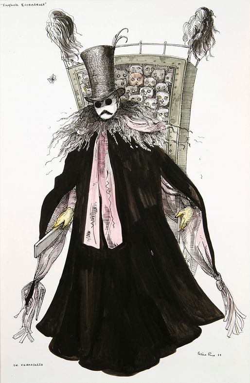 Peter Rice, Costume design for Dr. Kalterfelto in English Eccentrics, 1967. Ink and watercolor on paper. Collection of the McNay Art Museum, Gift of The Tobin Endowment, TL2002.220.9.