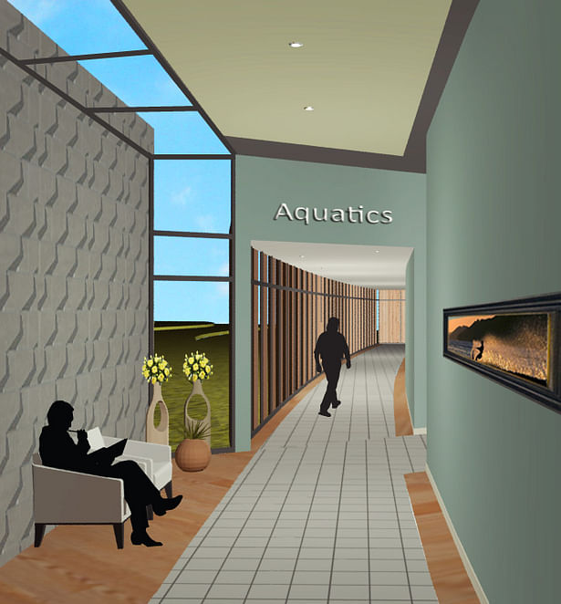 Aquatic Hallway- Each of the four wings of the building houses a different therapy. Clearly marked signage helps patients know where they are at all times.