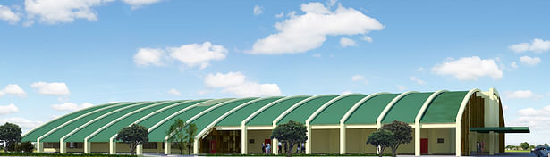 Gymnasium; as seen from the main road; rendered in Sketchup, with V-ray application, and edited in Photoshop