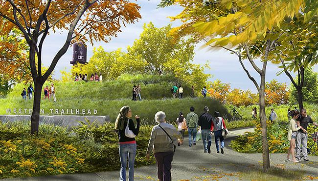 Rendering of the Western Trailhead at Ridgeway from the cul-de-sac. Image via the606.org