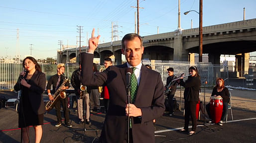 "So on Friday night ... the 101 Freeway east of downtown will take a break for 40 hours of R&R ... and R&B." – Los Angeles mayor Eric Garcetti, with support from Roosevelt High's jazz band, breaks the news of an impending traffic nightmare to his fellow Angelenos very, very softly.