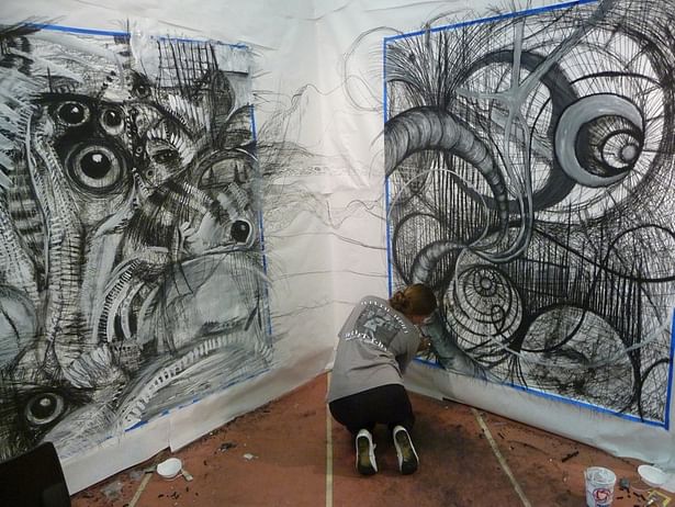 Me and my artwork (right panel), working directly next to another student artist
