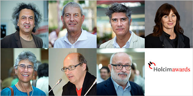 Jury members of the 2015 Holcim Awards (First row, L to R): Mohsen Mostafavi, Marc Angélil, Maria Atkinson. (Second row, L to R): Yolanda Kakabadse, Matthias Schuler, Rolf Soiron