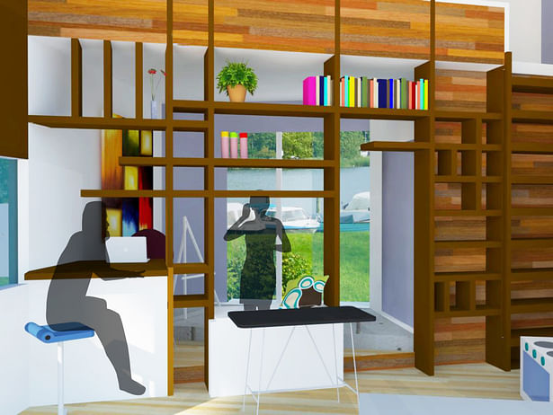 Interior rendering focused on central shelving and storage