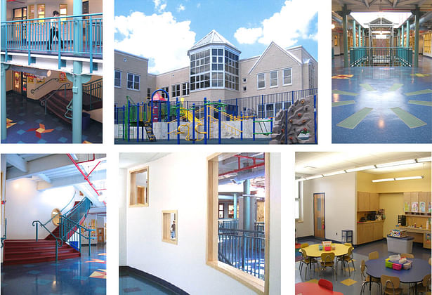 22 classrooms are organized around a central, dynamic, two-story sky-lit Atrium, a gathering space for informal play, instruction, and any various events. Colorful Teachers’ Rooms, SGI Rooms, and Classrooms face the Atrium for day-time lighting, security and communication. Paired classrooms, configured to maximize natural light, share a common ‘break-out’ space where individual or small group activities may take place. Small Group Rooms have large geometric windows on a curved wall...
