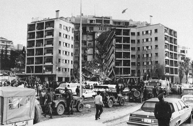 American Embassy in Beirut, Lebanon, after a huge bomb blast caused the collapse of the entire front of the seven-story structure, April 18, 1983. Photo: AP Press.