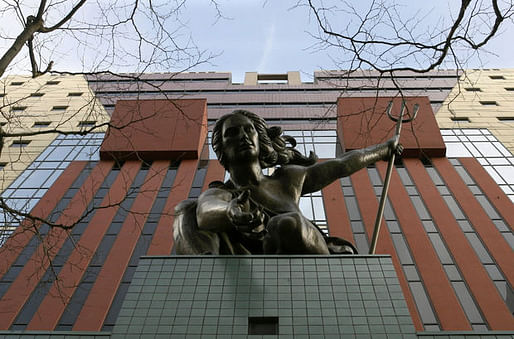 Portlandia statue outside of Michael Graves' Portland Building. Image via The Oregonian.