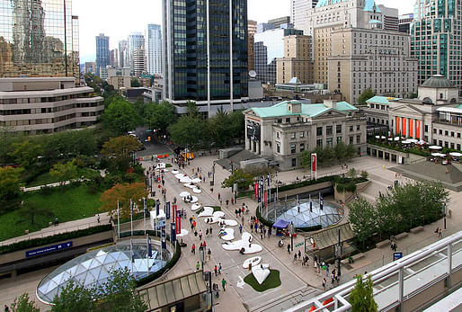 Aerial view of Pop Rocks installed on Vancouver's Robson Street; design by Matthew Soules Architecture and AFJD Studio (Amber Frid-Jimenez & Joe Dahmen). Photo: Krista Jahnke