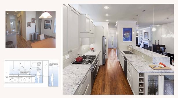 Before and after image of kitchen renovation facing front door. Removing load-bearing walls to achieve visual openness.