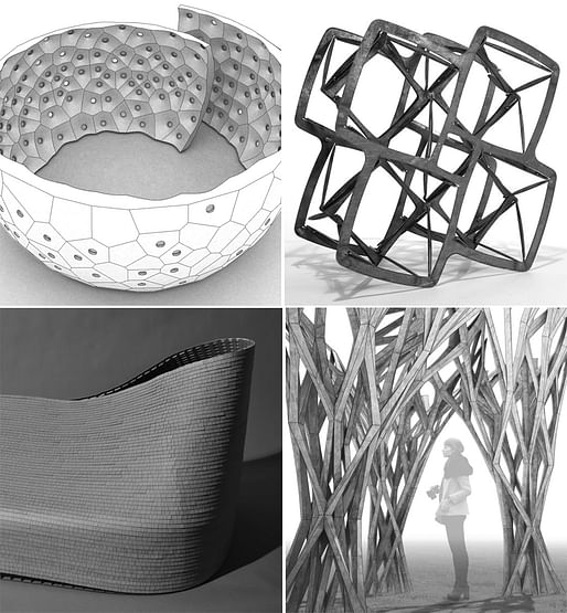 First Round Finalist in the categories Continuing Research and Speculative Research: FAB POD, SPIN-VALENCE, CAST THICKET, and LATENT METHODS (clock-wise from top-left)