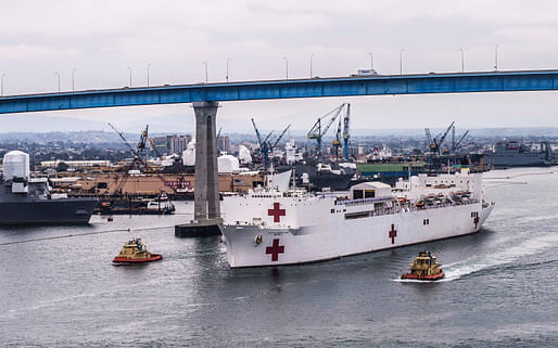 The USNS Mercy, shown here in San Diego, is heading to San Francisco, where it will be used as a floating hospital for treating COVID-19 patients. Image courtesy of United States Navy / MC3 Christopher Veloicaza / NPASE West.