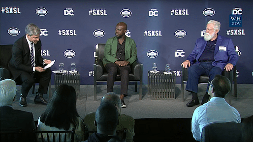 LACMA director Michael Govan in conversation with architect David Adjaye and artist James Turrell at the White House's South by South Lawn (SXSL) arts and culture festival. (Image via thecreatorsproject.vice.com)