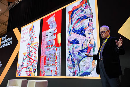 Keynote lecture by Sir Peter Cook at the 2022 World Architecture Festival. Image credit: World Architecture Festival