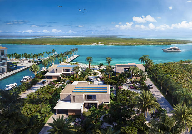Semi-aerial 3D rendering overviewing the island villa complex located at the exotic beach front