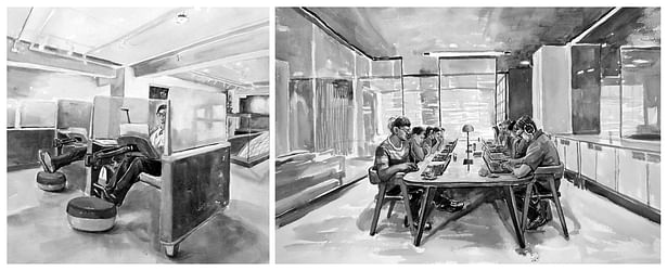 To ease workers’ tiredness from long working hours, the space provides open office areas and “first-class” seats. Hand drawing by Dan. B