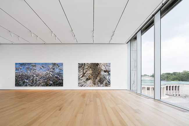 View of a gallery on the third floor of the Gundlach Building with, from left to right, Anselm Kiefer, der Morgenthau Plan, 2012; and Anselm Kiefer, Gehäutete Landschaft (Skinned Landscape), 2017. Image © Marco Cappelletti.