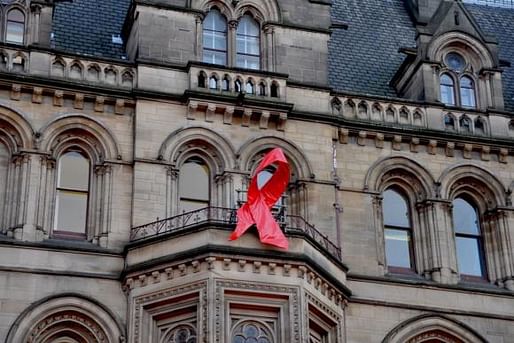 Manchester Town Hall was adorned with an AIDS ribbon to mark World AIDS Day in 2010. Photo: Jennifer Boyer