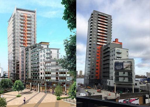 The approved Mast Quay Phase II (left) versus the scheme subsequently constructed (right). Image credit: Royal Borough of Greenwich 