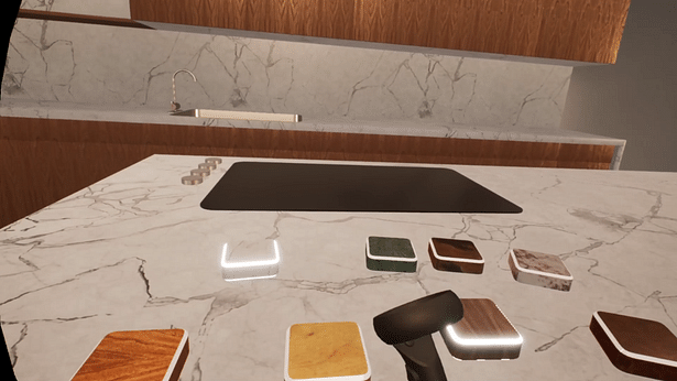 Picking up material swatches changes the appearance of a kitchen.
