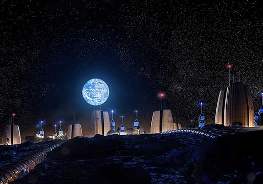Rendering of Moon Village shows Earth rising over the village. Image © SOM | Slashcube GmbH