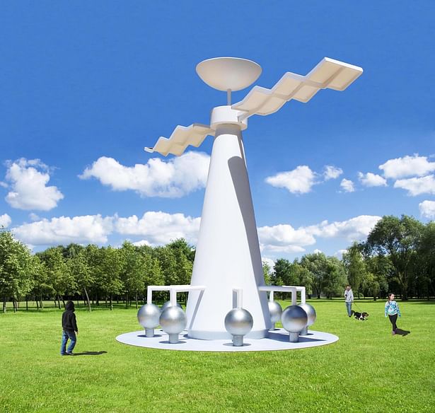 The Sun Tower that makes electricity from the sun and stores it in batteries for the local community. It also collects rainwater and stores it.