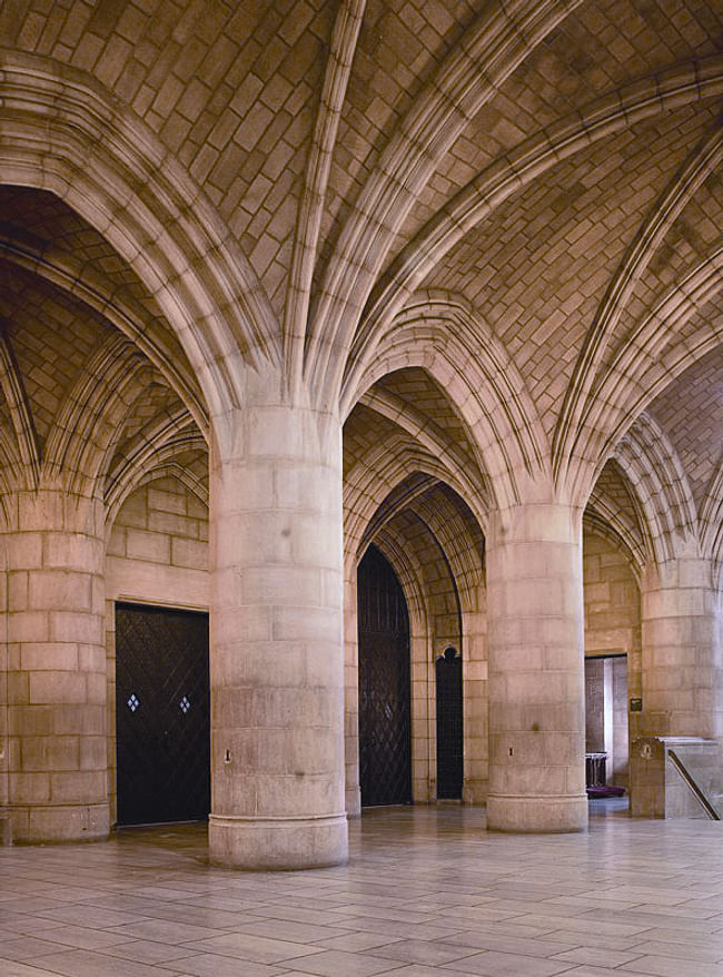 Entrance vaults at the Riverside Church in Manhattan by the Guastavino Company. The Guastavino Company was able to integrate its vaulting into the steel framing, so that the loads were shared between the two systems. Though this made the vaulting seem decorative rather than essential, the vaulting was in fact load bearing and part of the building's structural system. Photo © Michael Freeman, Courtesy of the Museum of the City of New York 