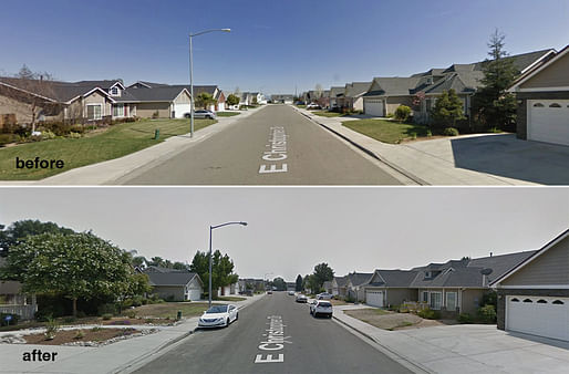 The same stretch of a residential street in northeast Fresno, shown in 2009 (top) and 2017. (Google Maps). Courtesy of City Lab