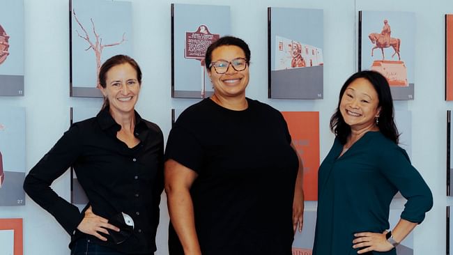 (L-R) Tulane faculty members Emilie Taylor Welty, Lisa Molix, and Tiffiny Lin pictured during the 'Public Space & Scrutiny: How Do We Remember?' exhibition during the Summer of 2022. Image courtesy of Tulane School of Architecture.