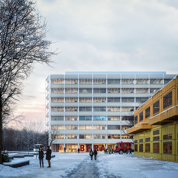 East façade of the academy building with listed annex building © HENN