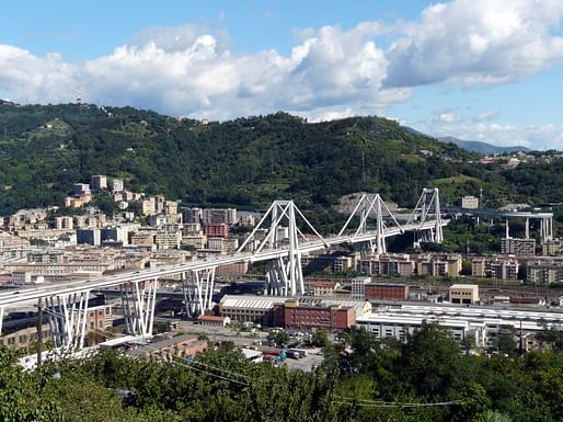 View of the 1960s-era bridge that collapsed in 2018. Image courtesy of <a href="https://commons.m.wikimedia.org/wiki/File:Genova-panorama_dal_santuario_di_ns_incoronata3.jpg#mw-jump-to-license">Wikimedia User Davide Papalini</a>