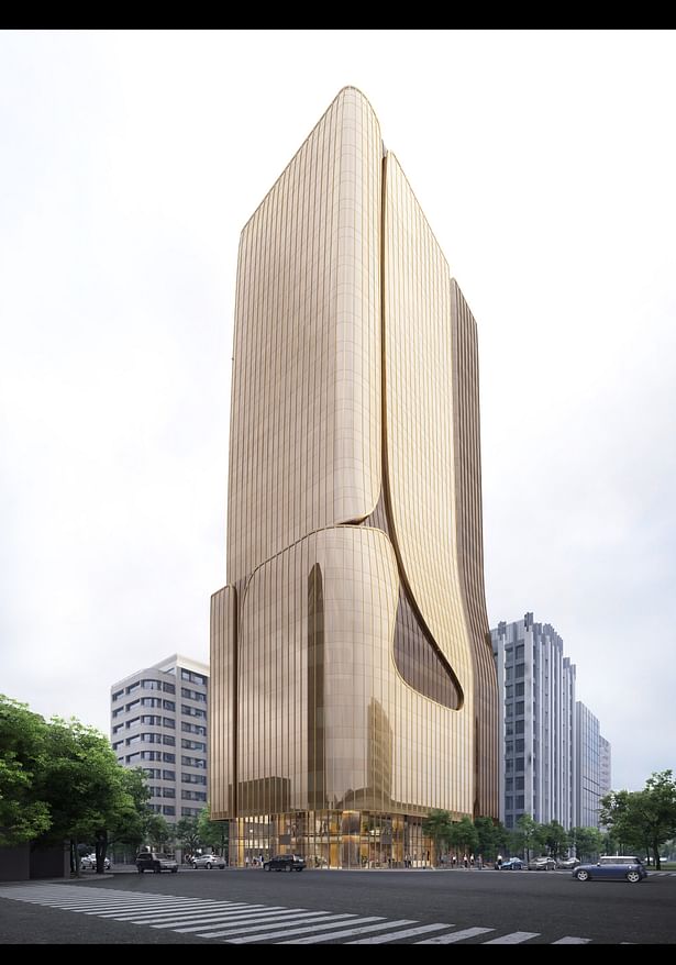 A futuristic coopery landmark