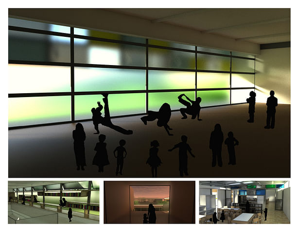 Interior renders. Top: Dance studio. Bottom Left: Library. Bottom Middle: Entryway. Bottom Right: Classroom.