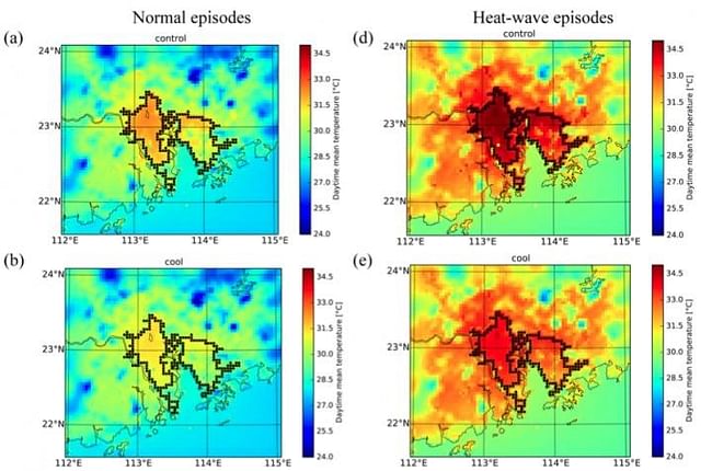 These graphics show the dramatic distance cool roofs can provide. Guangzhou is the outlined area in the center of each figure; the results of the white roofs are depicted in the bottom left and right images. Credit: Berkele Lab