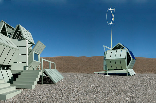 Stand alone pod that collects rainwater and makes electricity from the sun and from the wind for the M-house.