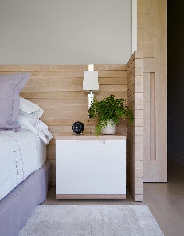 Bleached walnut headboard with floating night stands. Joshua McHugh Photography