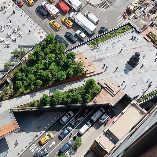Aerial view of the new High Line Spur with Simone Leigh's sculpture Brick House as the inaugural Plinth public art commission. Photo: @timothyschenck/Instagram